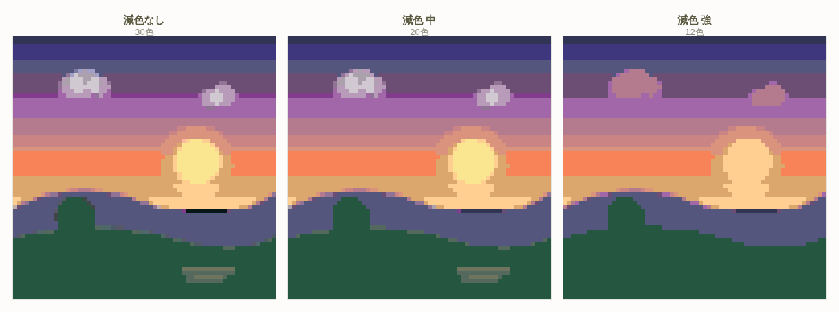 The same pixel art reduced to 30, 20 and 12 colors, shown side by side.