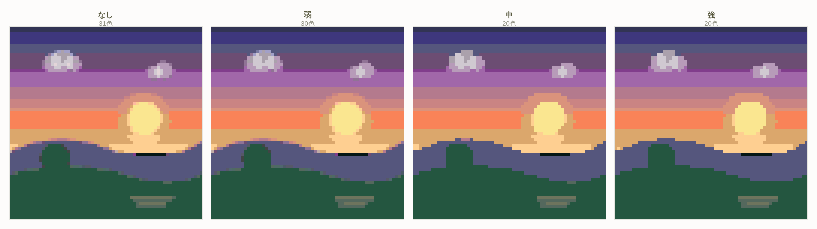 The same pixel art with noise reduction set to off, low, medium and high, shown side by side.